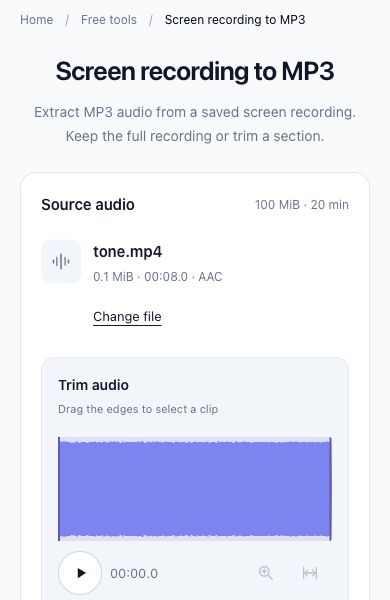 Grabación de pantalla procesada de ToAudio con vista previa de audio y opción Descargar MP3
