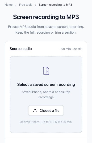 Selector de archivos de grabación de pantalla de ToAudio en vista móvil